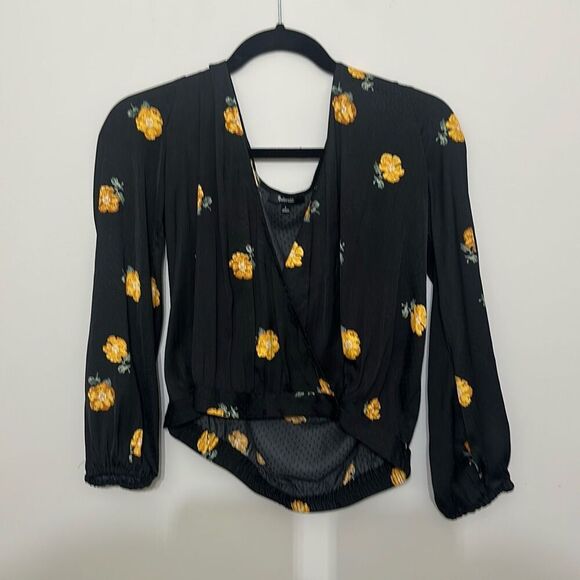 Madewell Womens Black Yellow Floral Bubble Sleeve‎ Wrap Blouse Top Small - Picture 1 of 6
